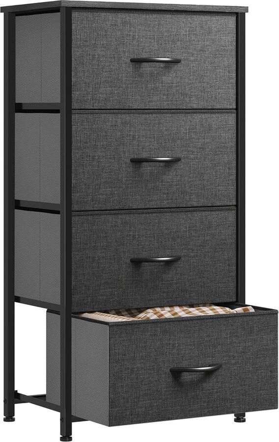 ShopHaven Ladenkast met 4 Lades Stoffen Opbergkast voor Slaapkamer Woonkamer en Kast Stevig Staal Frame Eenvoudig te Trekken Stoffen Lades en Houten Bovenblad Zwart Grijs Dresser