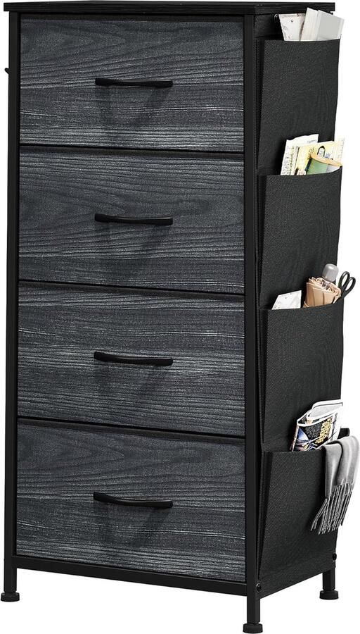 ShopHaven Ladenkast met 5 Lades voor Slaapkamer Stof Ladekast met Handvaten Opslaglades met Metaal Frame Voor Woonkamer Hal Kinderkamer Zwart Houtnerf