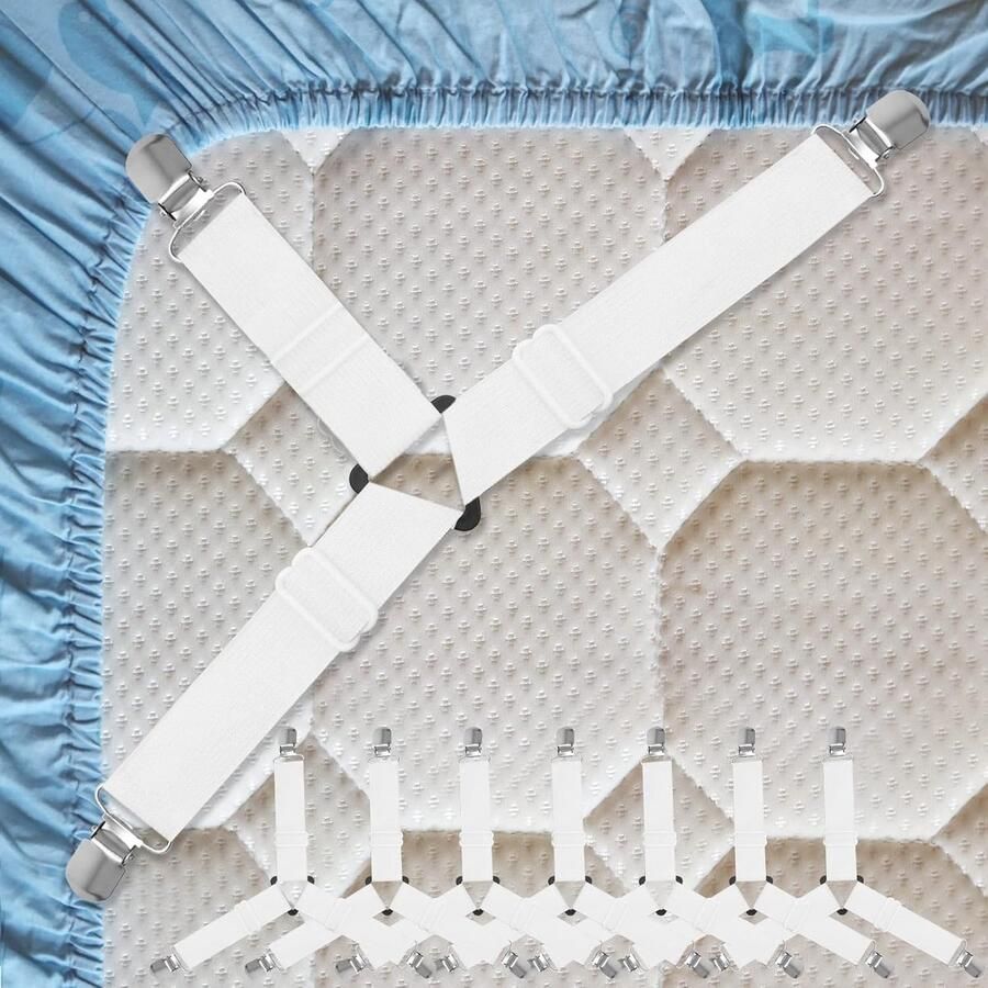 ShopHaven Lakenbanden Set van 8 Stuks – Verstelbare Hoeslaken Clips – Elastische Laken Spanners – Tensioners voor Hoeken van Bed Bank Strijkplank en Matras – Antikreuk Bedlinthouders – Wit Ask ChatGPT