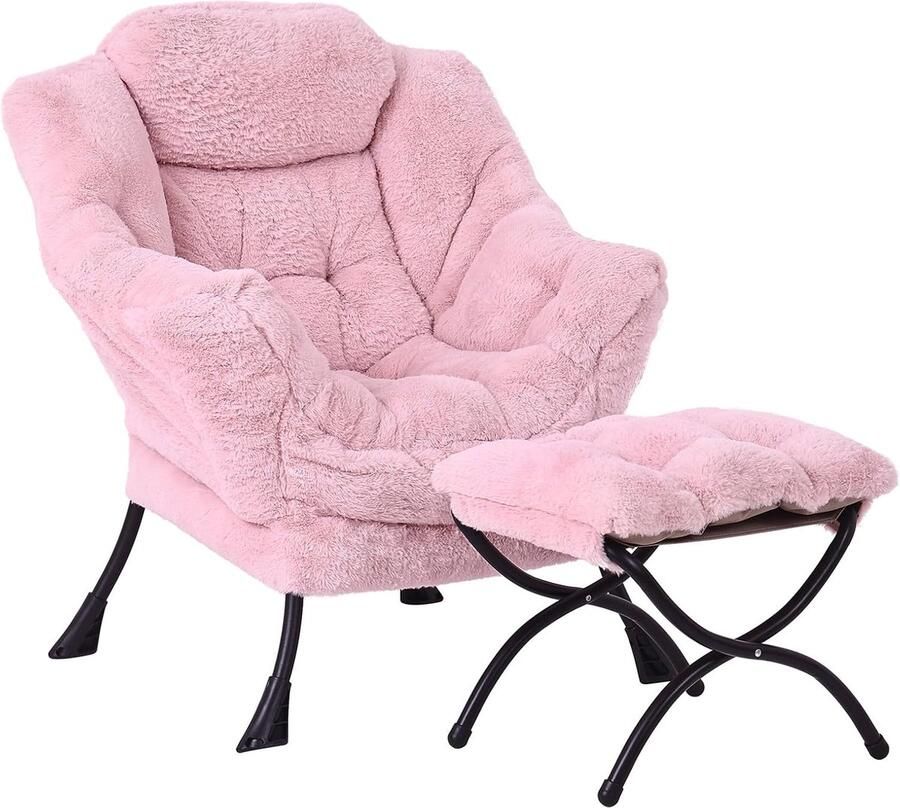 ShopHaven Lazy Chair Ottoman Moderne Accentstoel met Armleuningen Luxe Lounge Stoel Set voor Woonkamer Slaapkamer en Kantoor Comfortabele Leesstoel met Voetensteun Pluche Roze Sofa