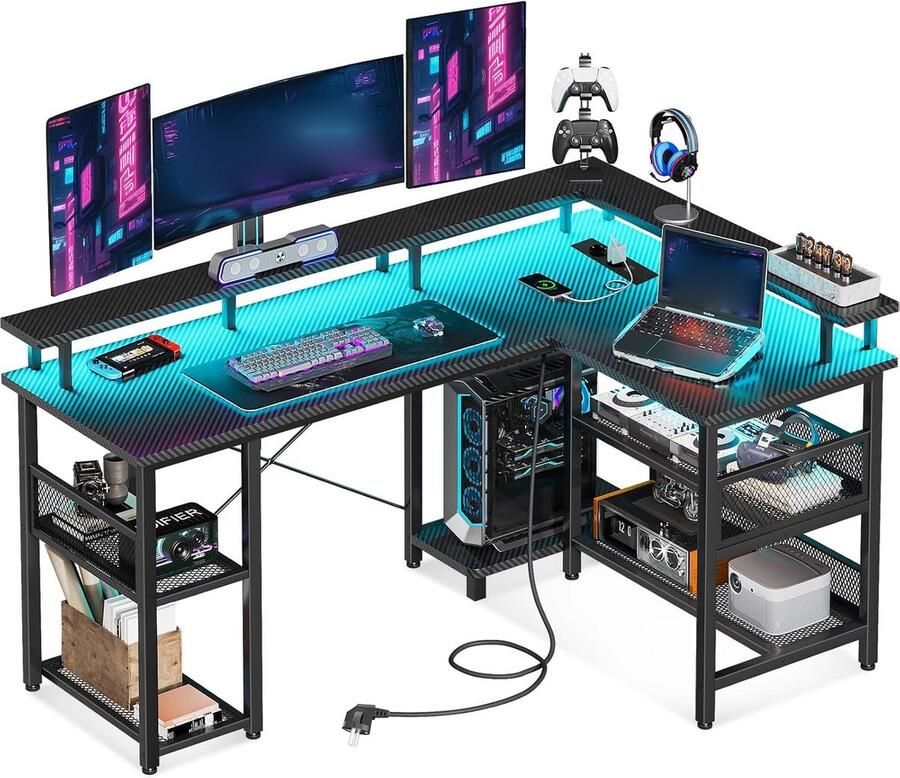 ShopHaven LED Gaming Tafel Omkeerbaar Gaming Bureau met 2 Stopcontacten en 2 USB Oplaadpoorten Hoekbureau met Grote Opbergruimte Zwart Carbonfiber 168 × 120 cm