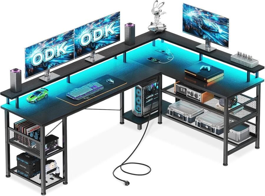 ShopHaven LED Gaming Tafel Omkeerbaar Gaming Bureau met 2 Stopcontacten en 2 USB Oplaadpoorten Hoekbureau met Grote Opbergruimte Zwart Carbonfiber 168 × 120 cm