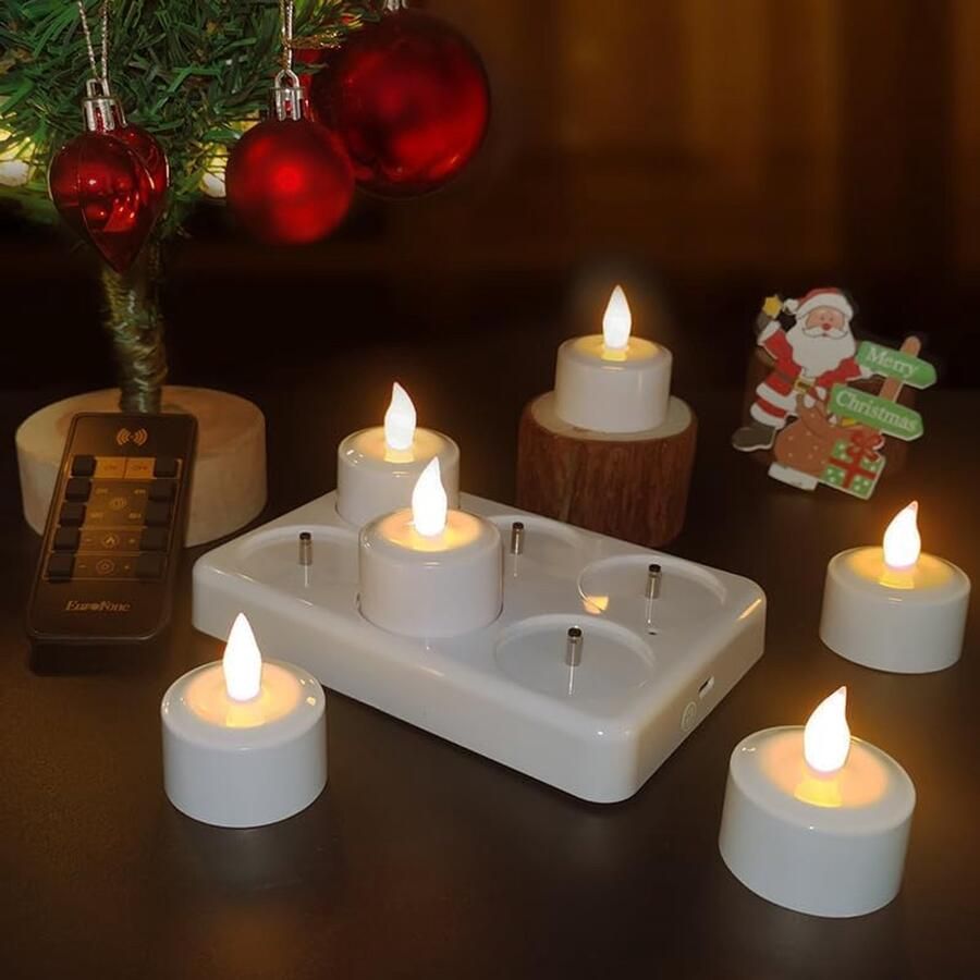 ShopHaven Oplaadbare LED Kaarsen Set 6 Stuks Flameless Theelichtjes Met Afstandsbediening en Timer Inclusief Oplaadstation Sfeerverlichting voor Huis Tafel Halloween en Kerstdecoratie Energieklasse A