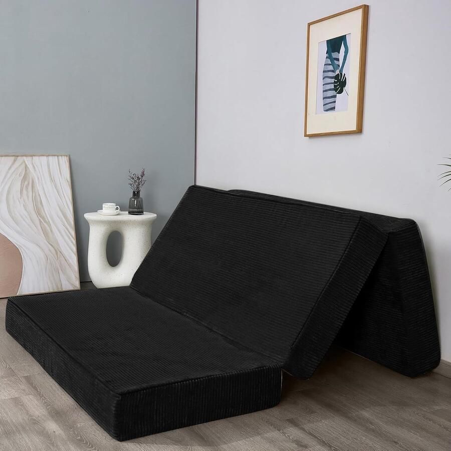 ShopHaven Opvouwbaar Corduroy Logeermatras 15cm Dikke Drielaagse Vloermatras Inclusief Wasbare Hoes Ruimtebesparend & Comfortabel Ideaal voor Gasten 190x135 cm Zwart