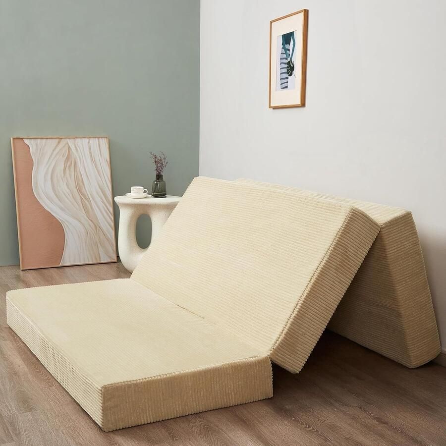 ShopHaven Opvouwbaar Ribfluweel Matras Driedubbel Vouwbaar Vloermatras 10 cm Dik Wasbare Hoes Ruimtebesparend Logeermatras Comfortabel en Ondersteunend Kleur Camel Tweepersoons Dubbele