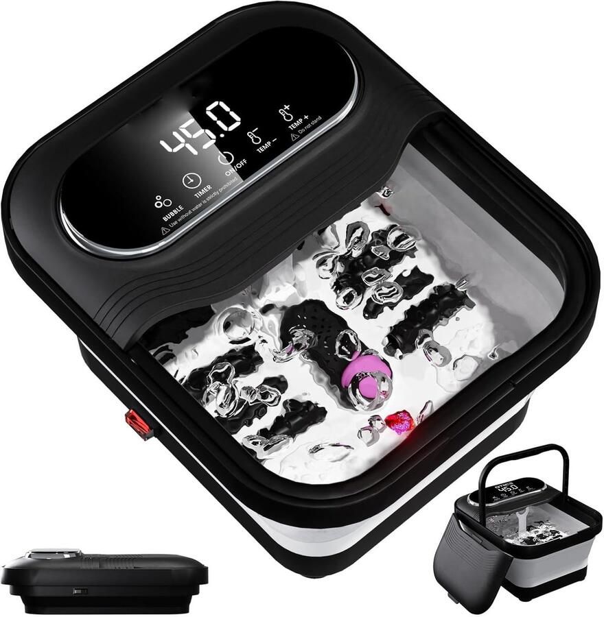ShopHaven Opvouwbaar Voetbad met Touchscreen – Verwarming en Bubbels – Temperatuurregeling – Massage Rollen – Trilling – Pedicure Steen – Voetspa Apparaat met Handvatten – Zwart