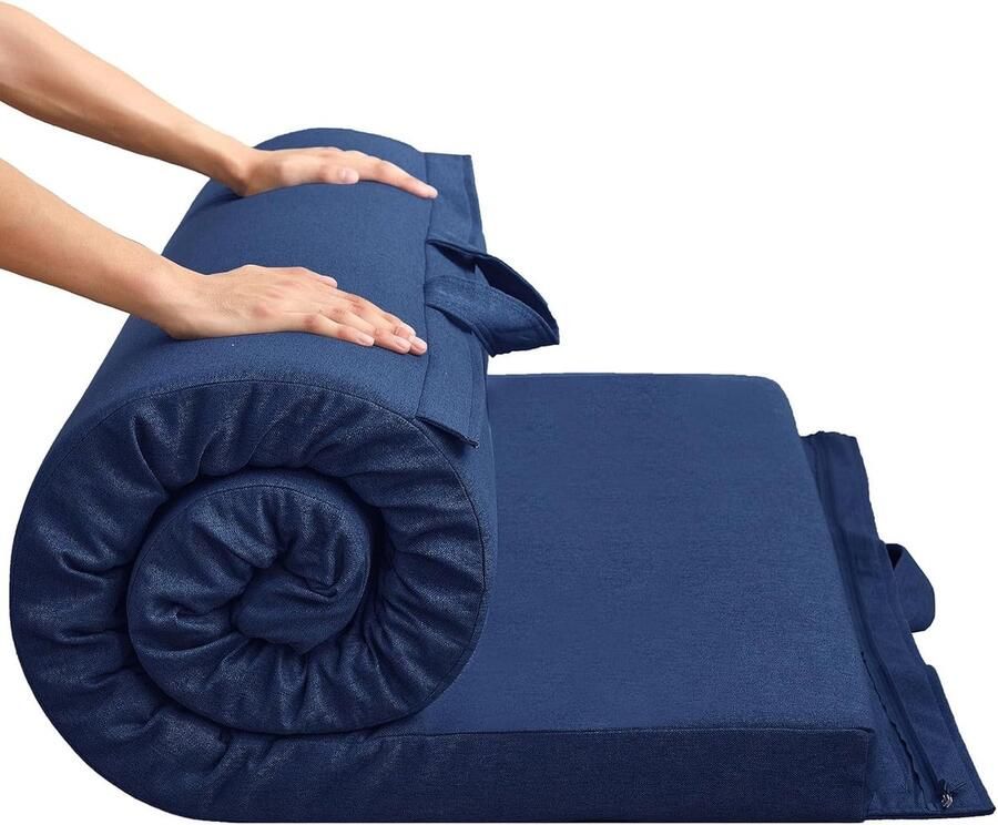 ShopHaven Opvouwbaar Futon Matras Hypoallergene Stof Dikke Geheugenfoam Ideaal voor Binnen Buiten Kamperen Logeren Auto Met Handvat en Ritssluiting Blauw (90x190 cm)