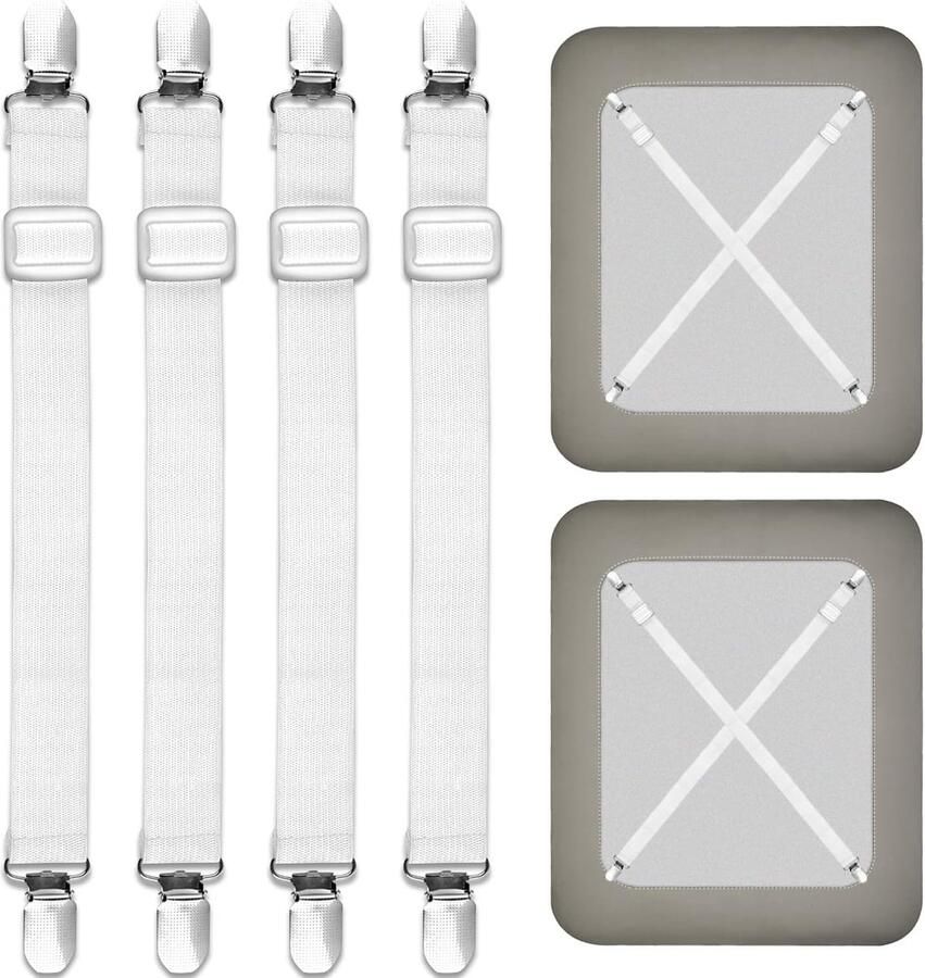 ShopHaven Set van 4 Verstelbare Hoeslaken Spanners – Elastische Lakenstrainers met Metalen Clips – Anti-Rimpel Lakenhouders – Hoeslaken Spanklemmen – Voor Matras Strijkplank Bank of Bed – Rimpelvrij en Strak Resultaat Ask ChatGPT