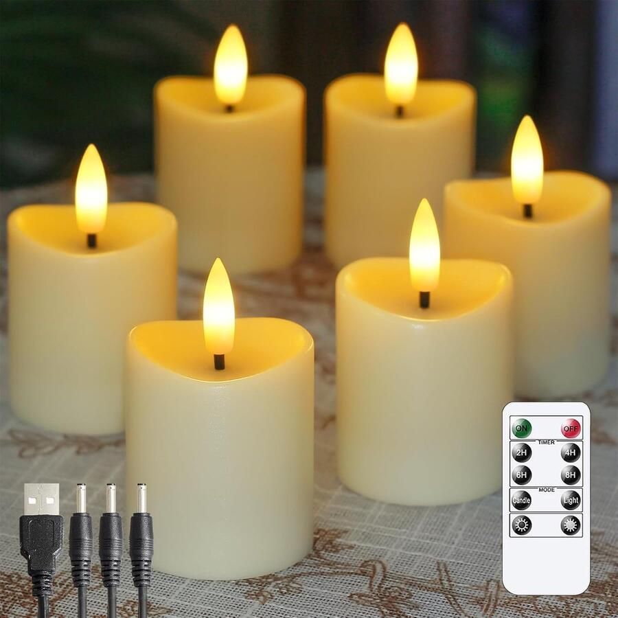 ShopHaven Set van 6 LED Kaarsen op Batterij Oplaadbaar met USB Oplaadkabel 5x6 cm Flikkerend Ivoorkleurig Licht Timerfunctie Afstandsbediening Vlamloos & Veilig Elektrische Sfeerverlichting voor Interieur Tafel & Feestdecoratie