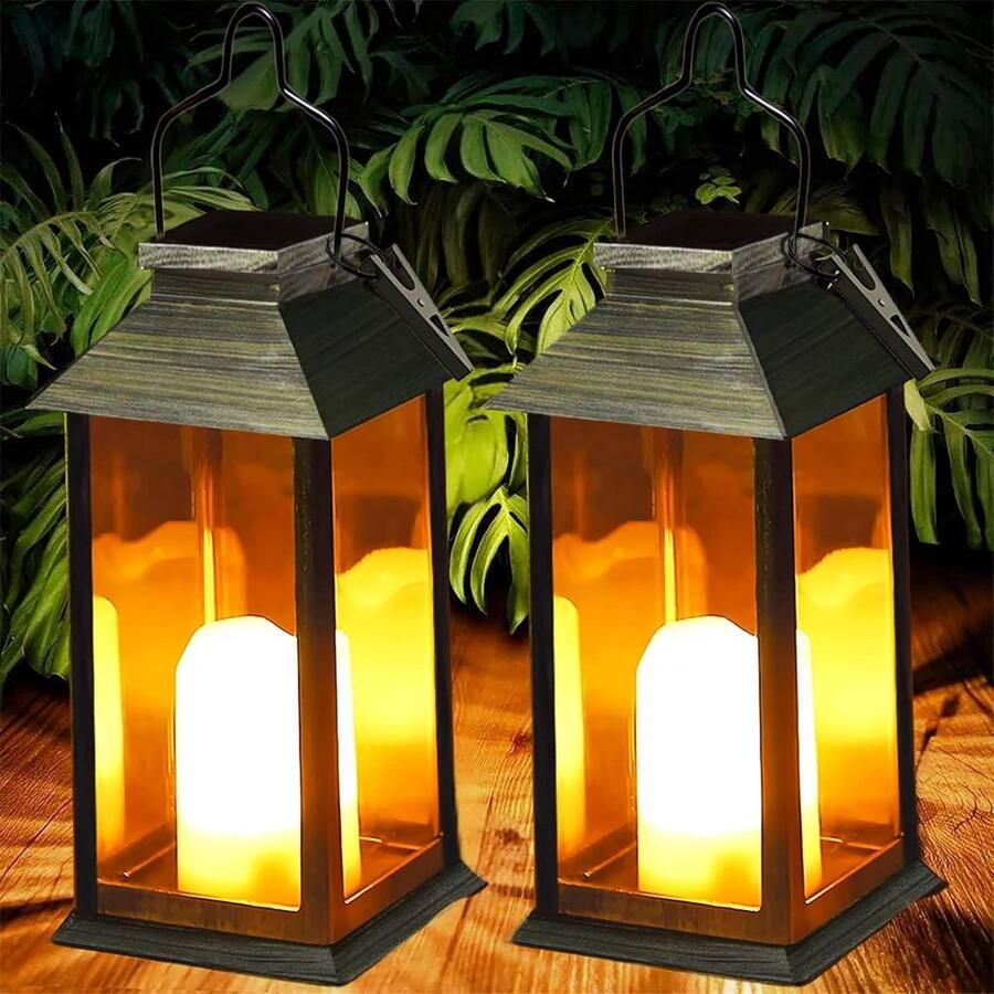 ShopHaven Solar Lantaarn Set 2 Stuks Buitenlamp op Zonne-energie Met Vlam Effect Hangende Kaarslamp Waterdichte Tuinlamp Solar Tafellamp voor Balkon Terras en Patio Verlichting