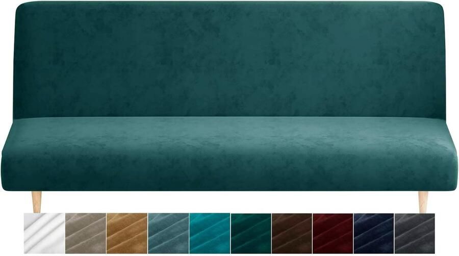 ShopHaven Velvet Futon Hoes Hoogwaardige Rekbare Bankhoes zonder Armleuning Spandex Anti-Slip Meubelbeschermer met Elastische Onderkant Machinewasbaar Zwartgroen