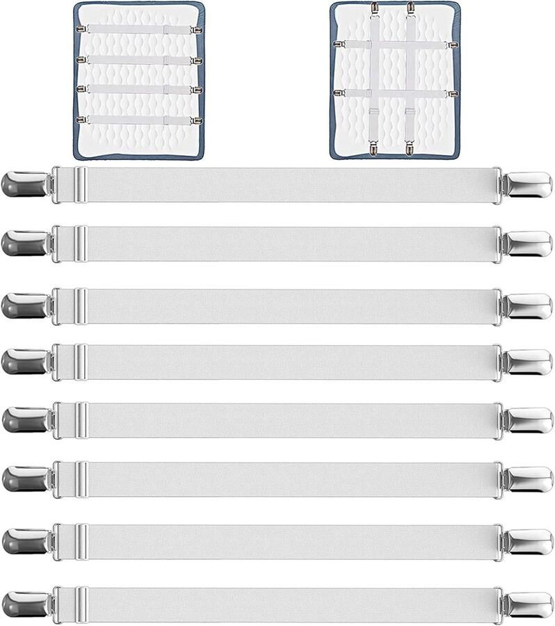 ShopHaven Verstelbare Laken Spanners Set – 55-250 cm – Elastische Hoeslaken Spanners met Metalen Clips – 8 Stuks – Wit – Lakenhouders voor Matras Strijkplank of Bank – Antislip Hoeslaken Klemmen – Bed Organizer Ask ChatGPT
