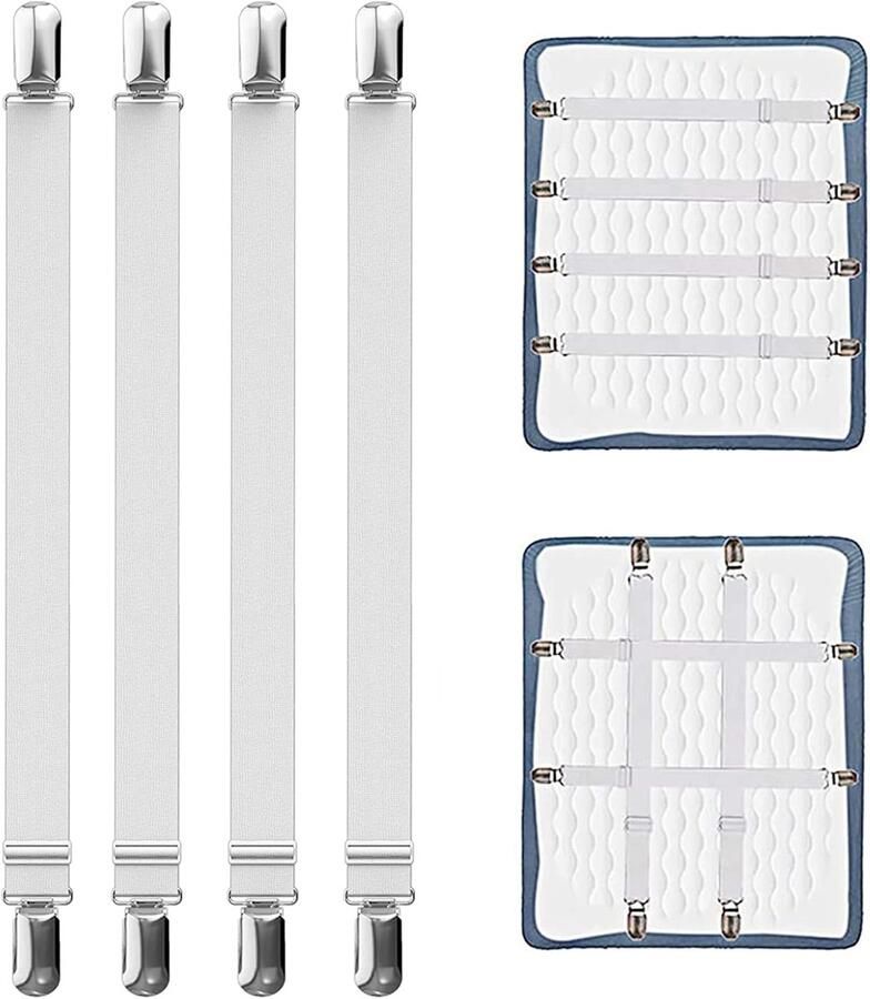 ShopHaven Verstelbare Laken Spanners Set – 55-250 cm – Elastische Hoeslaken Spanners met Metalen Clips – 4 Stuks – Wit – Lakenhouders voor Bed Bank Strijkplank of Matras – Antislip Bedbinder – Hoeslaken Klemmen Ask ChatGPT