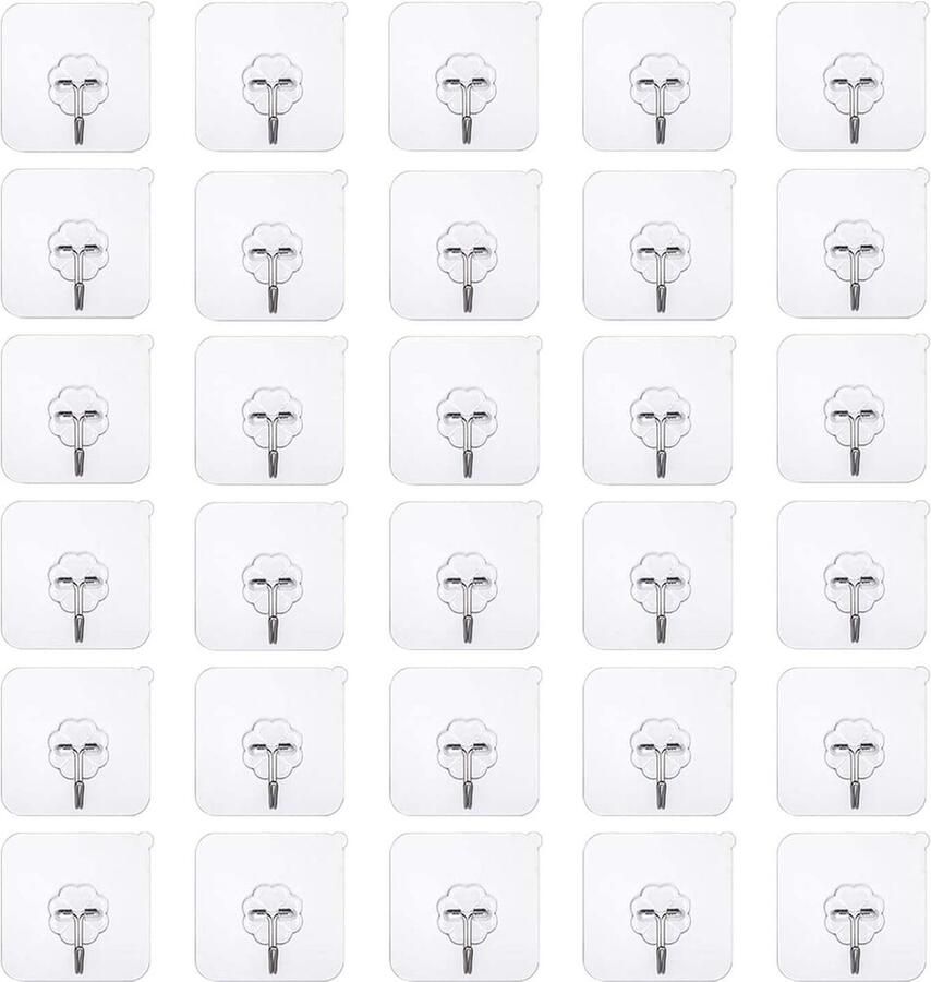 ShopHaven Zelfklevende Haken Set van 30 Stuks Transparante Naadloze Wandhaken Zware Ophanghaken 10kg Max Waterdicht & Oliebestendig Voor Deur Keuken Badkamer Kantoor & Kast Antislip Spoorloze Haken