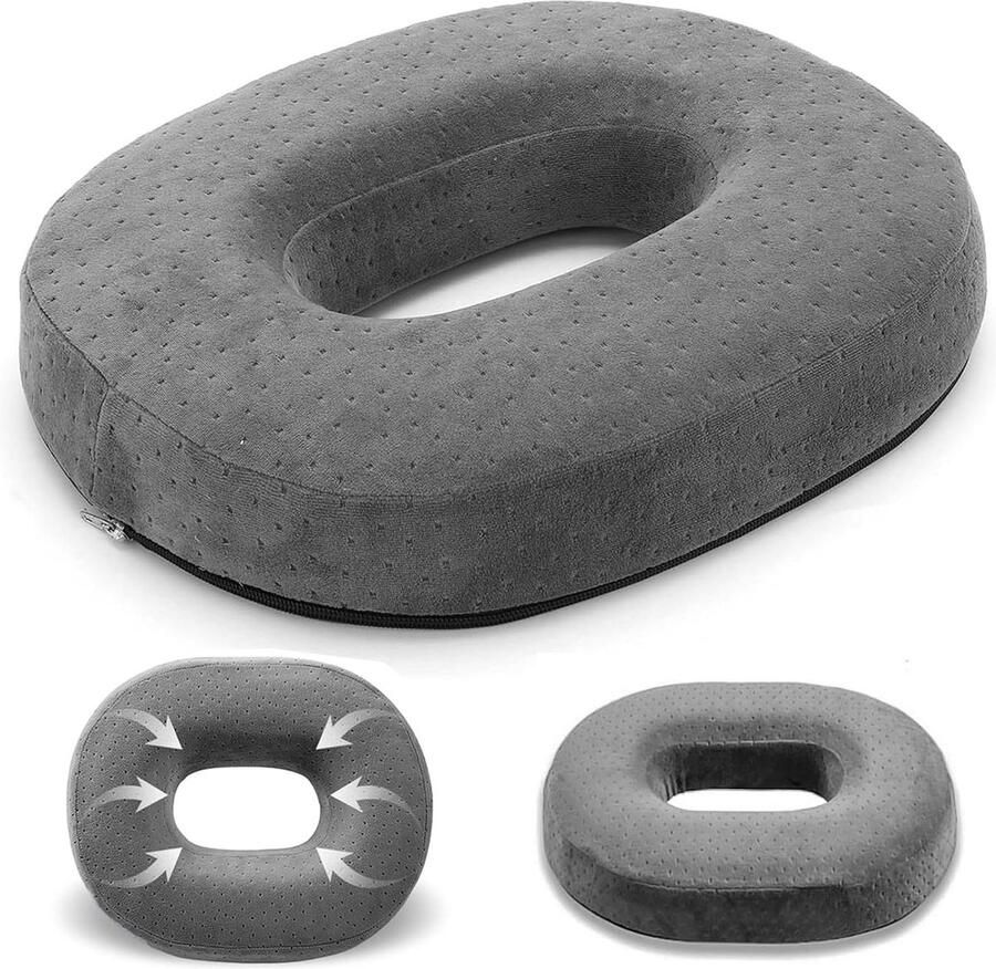 ShopHaven Zitkussen Donutvorm Memory Foam Staartbeen Kussen 38x30x7 cm Coccyx Zitting Kussen Stoel Kussen voor Kantoor Auto Bank Hemorrhoïden en Tussenwervelschijven Ondersteuning Grijs