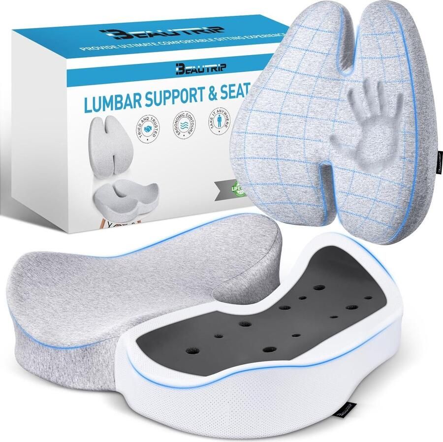 ShopHaven Zitkussen en Lumbale Ondersteuning Kussen voor Kantoorstoel Auto en Rolstoel Ergonomisch Stuitbeen Kussen voor Coccyx Sciatica en Rugpijn Verlichting Extra Dichte Memory Foam Stoelkussens