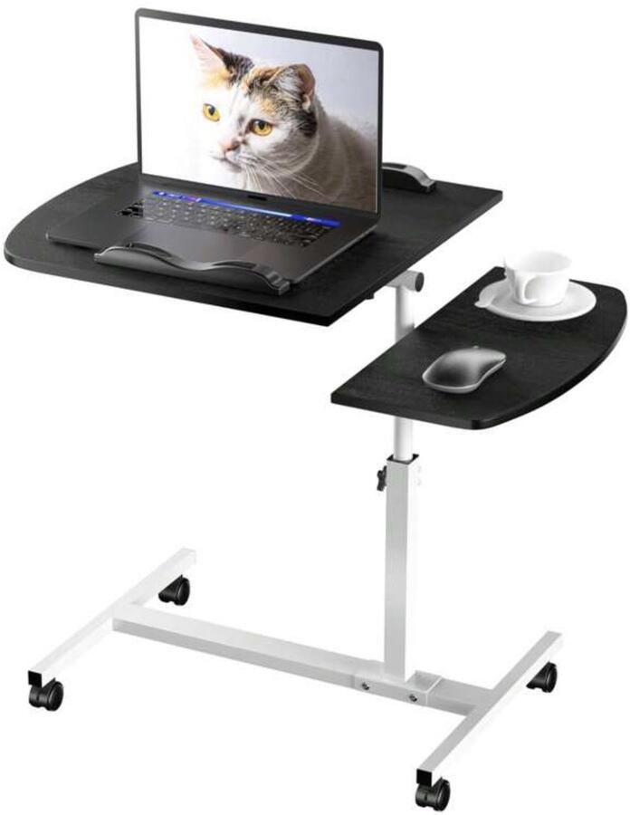 ShoppieSM Verstelbare houten laptoptafel Bijzettafel met wielen 360 ° draaibare laptop standaard Antislip Bedtafel met wielen