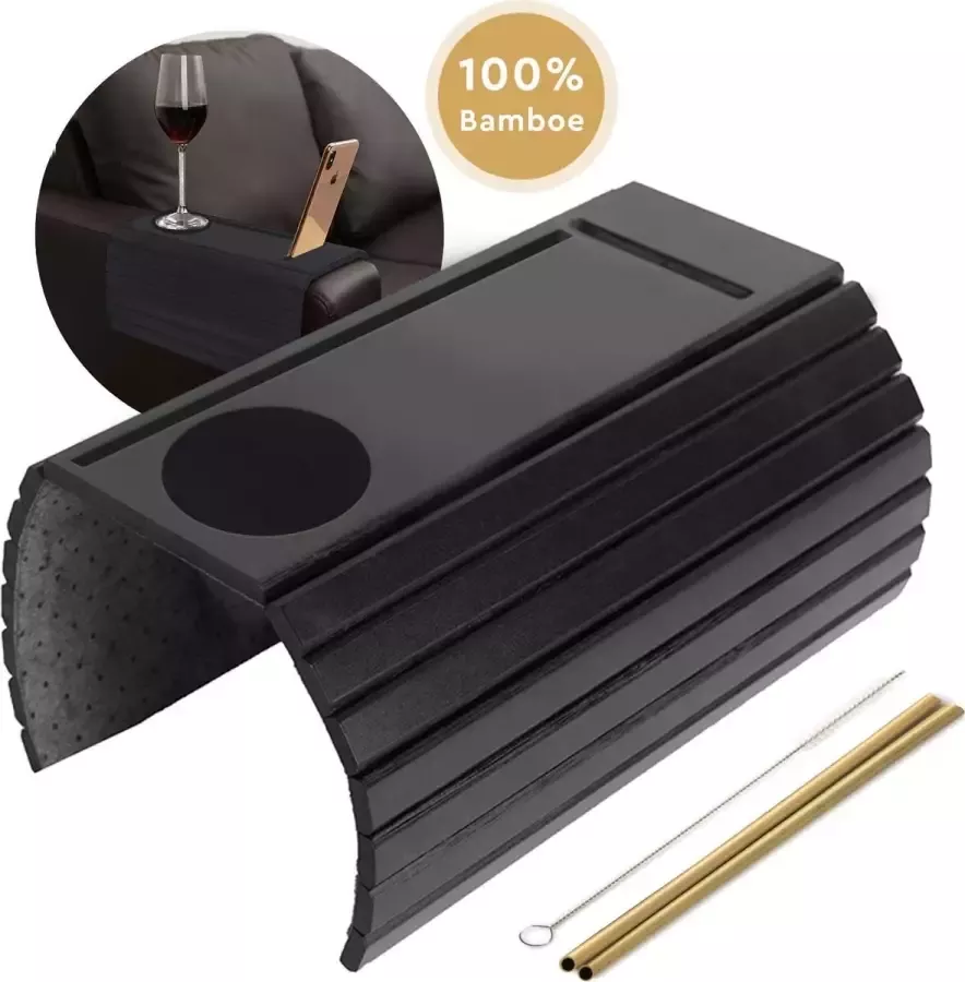 ShopYourMusthaves Armleuning dienblad Flexibel Met telefoonhouder en tablethouder Inclusief set bamboe rietjes (herbruikbaar met schoonmaakborsteltje) – Anti Slip – Zwart