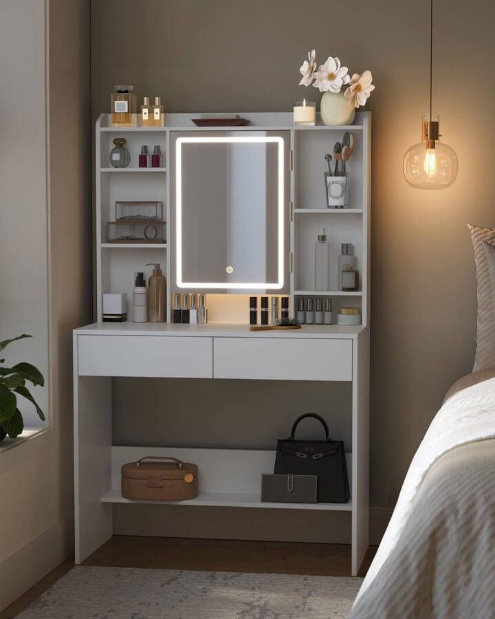 Sierra Kaptafel met LED-verlichting 3 kleuren met instelbare lichtsterkte kaptafel met spiegel voor make-up cosmeticatafel met verstelbare planken 2 laden modern wit