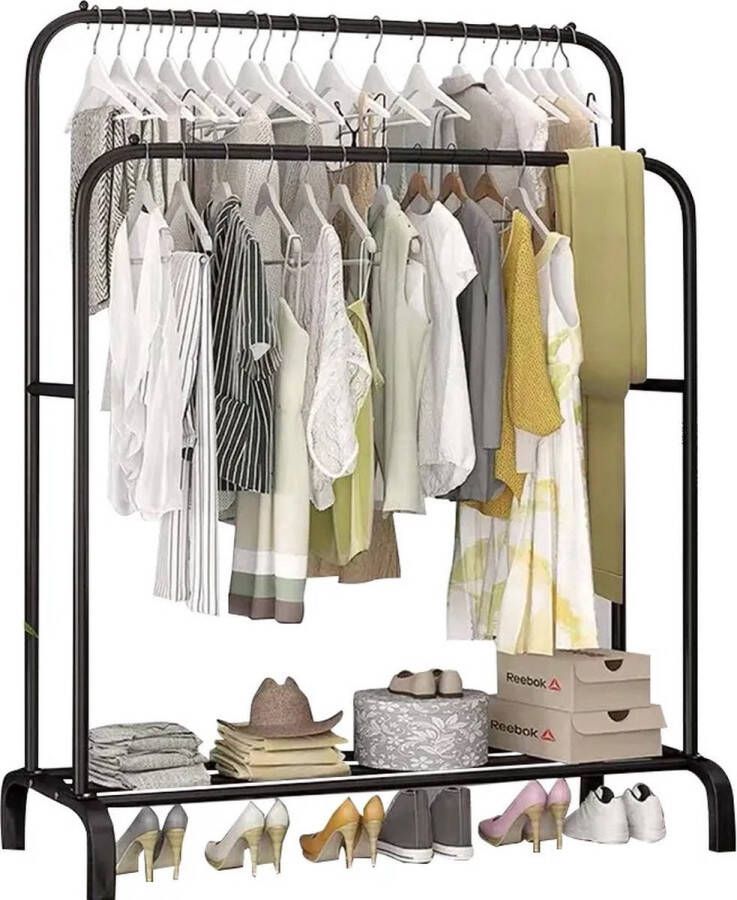 Sierra kledingrek zwart metaal Kleding rek metaal met kledinghangers Kledingrek dubbel met schoenenrek Opbergrek voor kleding Garderoberek met 2 kledingstangen Kledingrek met haken Kledingrek Garderoberek staand 150 x 110 x 33 CM - Foto 2