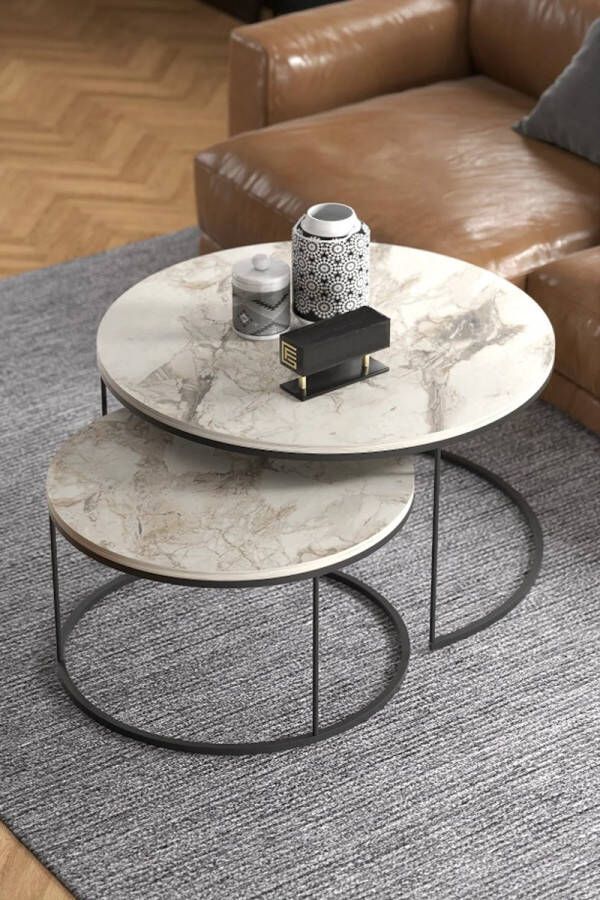 Sierra Salontafel Set Marmeren look Set van 2 Wit Luxe design Marmer Bijzettafel Sofa tafel Ovaal Woonkamer tafel Salontafels Rond Ø70 Ø60