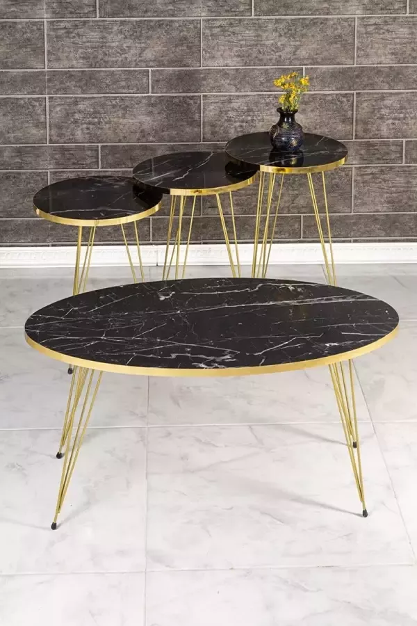 Sierra Salontafel Set Marmeren look Set van 4 Zwart Goud Luxe design Marmer Bijzettafel Sofa tafel Ovaal Woonkamer tafel Salon tafel Industriële Salontafelset Ronde Bijzettafel