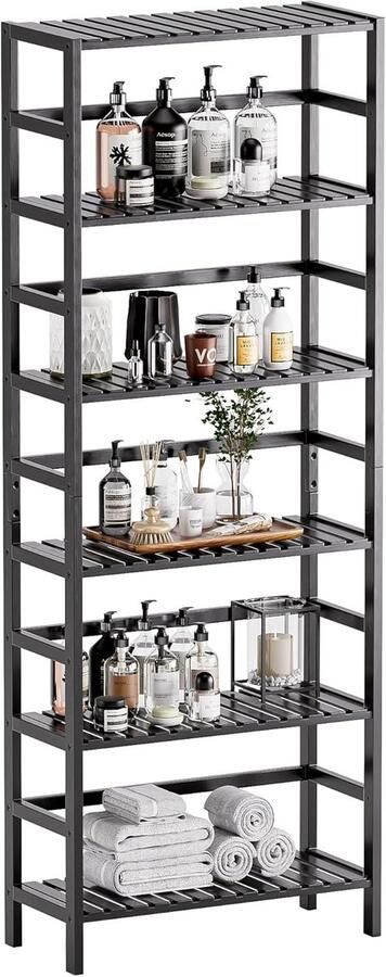 Sierra Bamboe Boekenplank 6-laags Boekenkast Vloer Staande Badkamer Opslag Organisator met Verstelbare Planken voor Woonkamer Keuken Kantoor Zwart