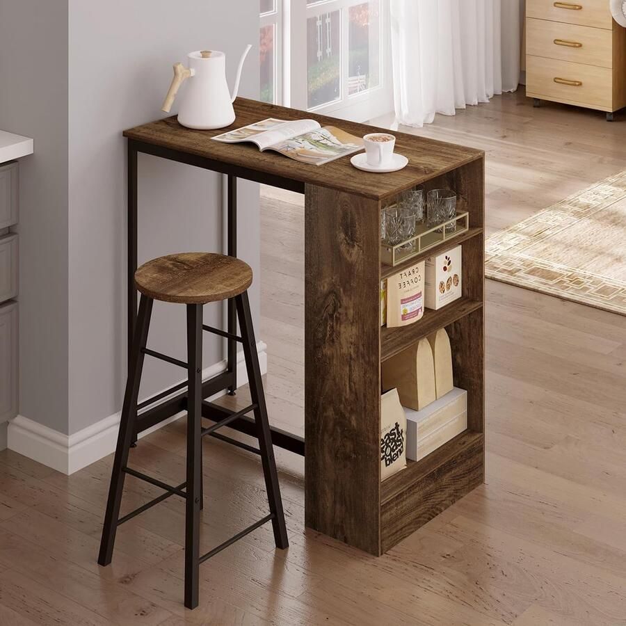 Sierra Bartafel 90 x 50 x 90 cm statafel met 3 planken bistrotafel bartafel van metaal en hout aanrecht voor bar keuken woonkamer vintage houtlook + zwart