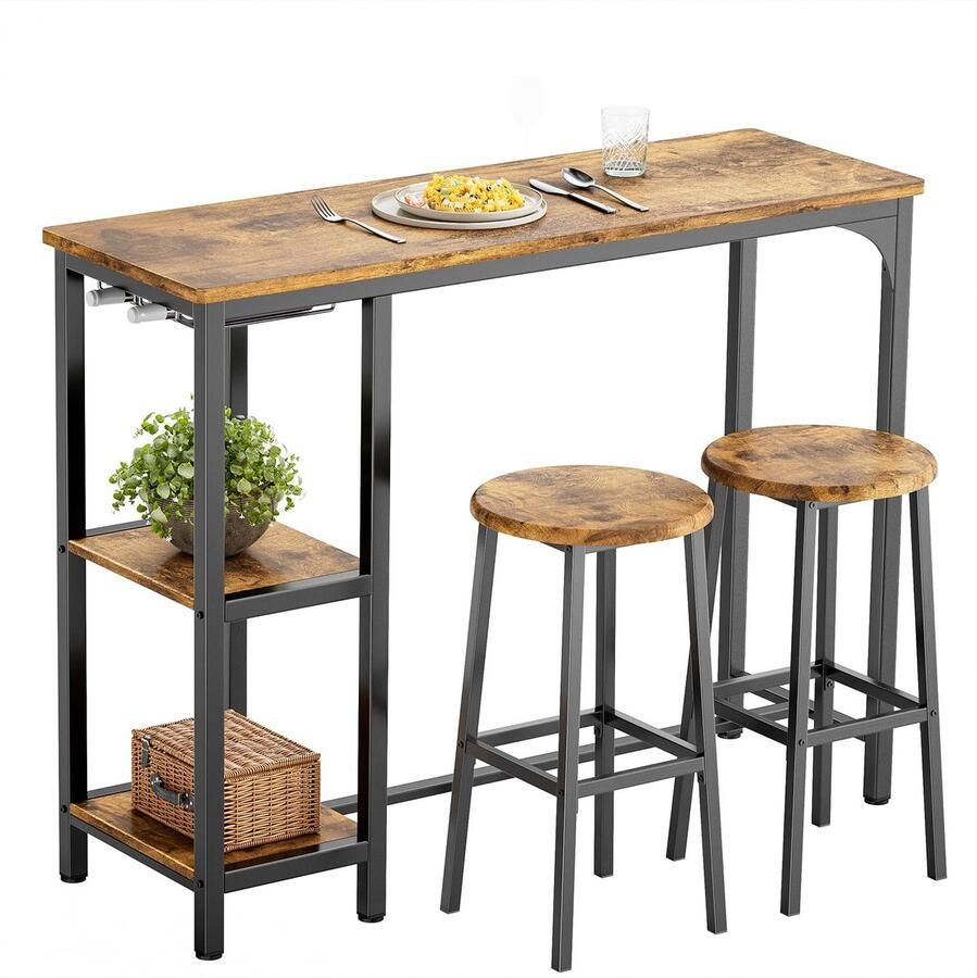 Sierra Bartafel met Barkrukken voor 2 Personen Kroegentafelset met 2 Planken en Glashouder Ideaal voor Keuken Woonkamer en Eetkamer (Retro)