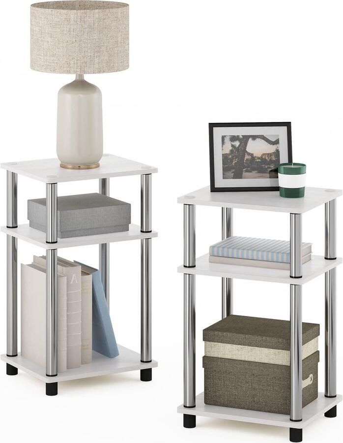 Sierra Bijzettafel 3-Tier Turn-N-Tube End Bijzettafel Nachtkastje Engineered Wood Wit Eiken Chroom 2-Pack