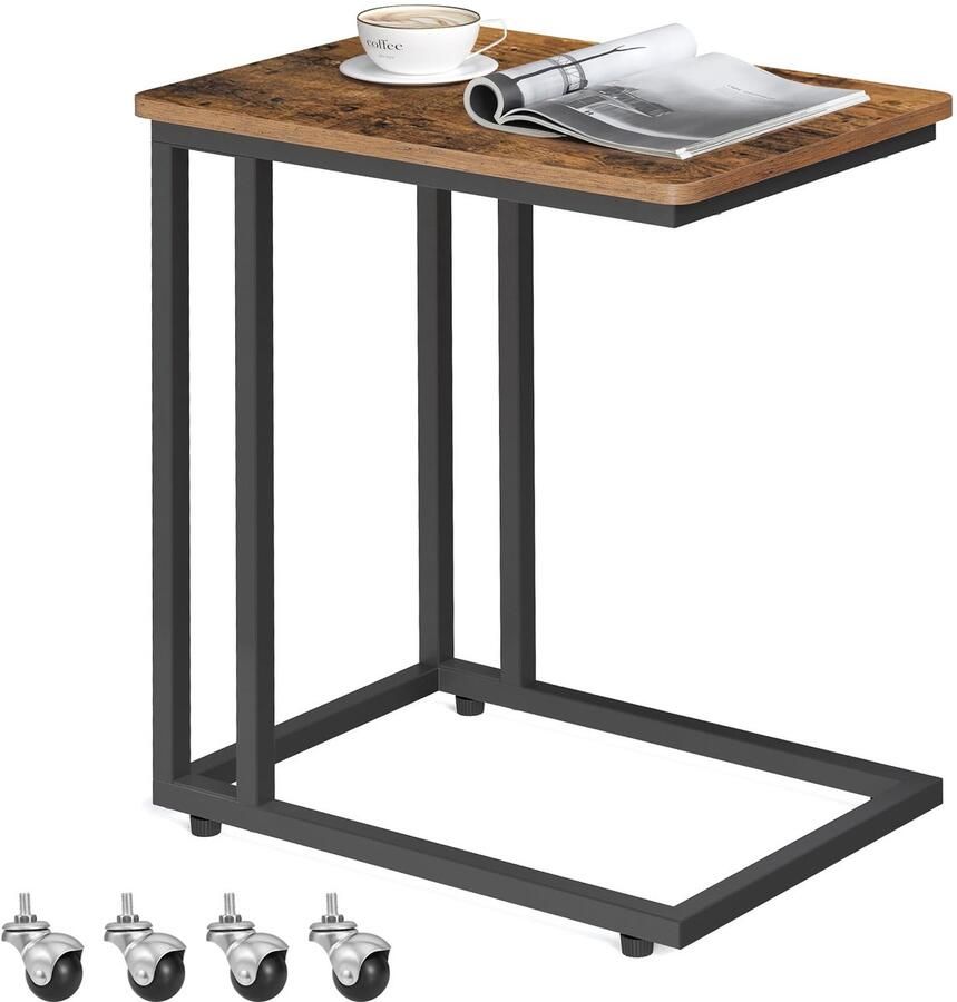 Sierra Bijzettafel Bedtafel met wieltjes bijzettafel voor woonkamer nachtkastje wagen woonkamer slaapkamer stalen frame eenvoudige montage vintage bruin en zwart LNT50X