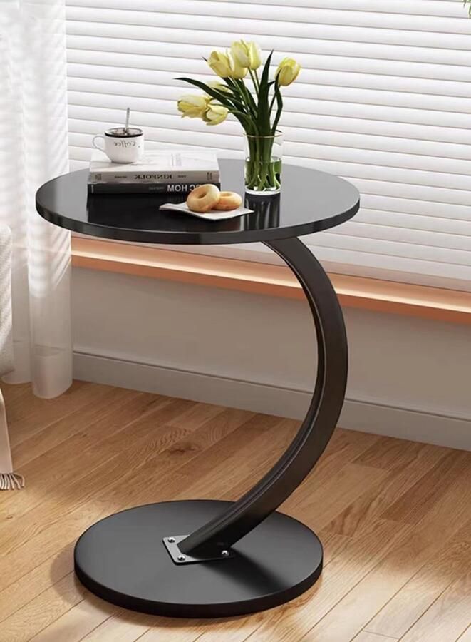 Sierra Bijzettafel Houten bijzettafel met C-vormige steun bijzettafel voor woonkamer kantoor ronde salontafel walnoot tafelblad diameter 40cm hoogte 60cm zwart