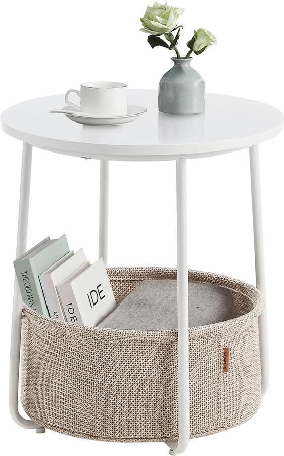 Sierra Bijzettafel LET223W10 Bijzettafel ronde bijzettafel met stoffen mand ruim voor woonkamer slaapkamer nachtkastje moderne stijl wit en beige