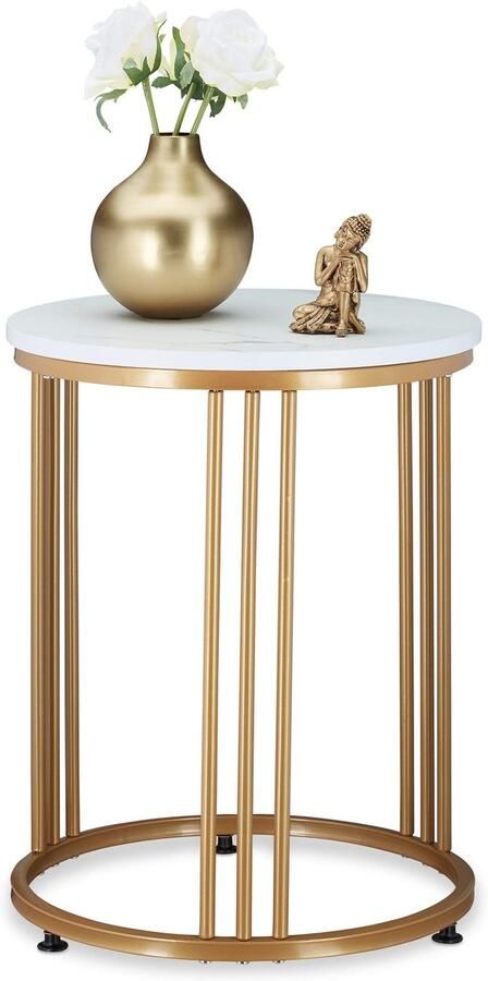 Sierra Bijzettafel MARMO rond metaal & MDF marmerlook rond salontafel HxD: 51x41 wit goud