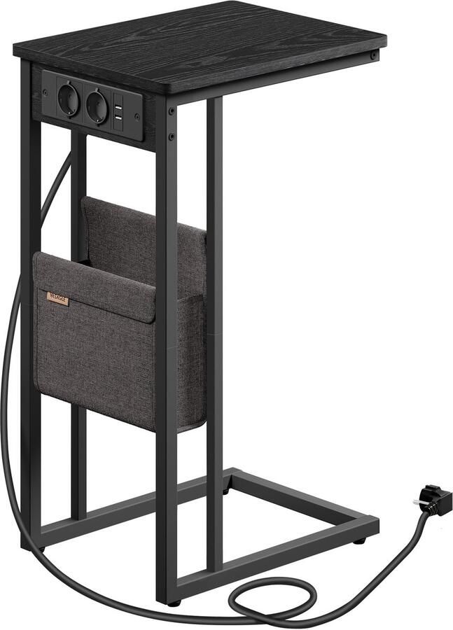Sierra Bijzettafel nachtkastje met stopcontacten C-vorm salontafel voor kleine ruimtes 2 USB-poorten 2 AC-aansluitingen opbergtas verstelbare poten ebbenhout LET356B02V1