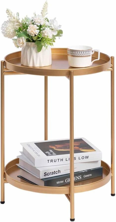 Sierra Bijzettafel Ronde Bijzettafel Metalen Bijzettafel met 2 Lagen Snacktafel Salontafel Nachtkastje Banktafel Geschikt voor Woonkamer Slaapkamer Balkon of Terras Goud