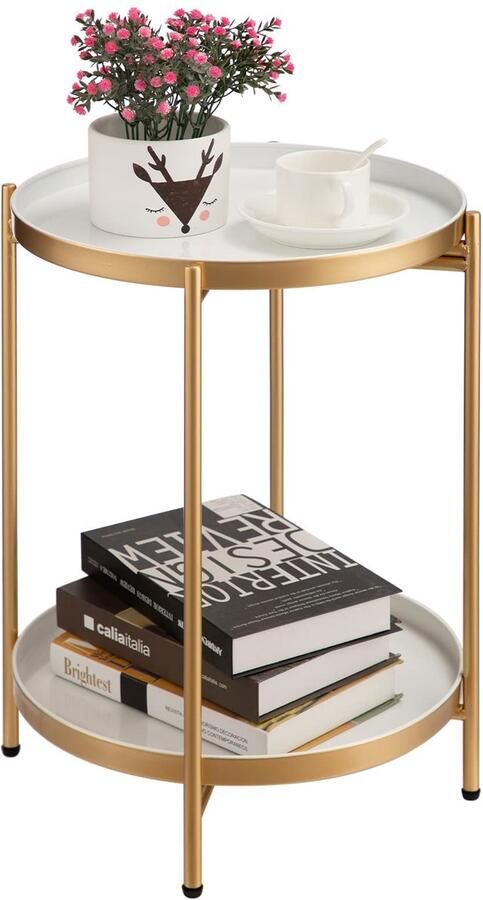Sierra Bijzettafel Ronde Bijzettafel Metalen Bijzettafel met 2 Lagen Snacktafel Salontafel Nachtkastje Banktafel Geschikt voor Woonkamer Slaapkamer Balkon of Terras Goud en Wit