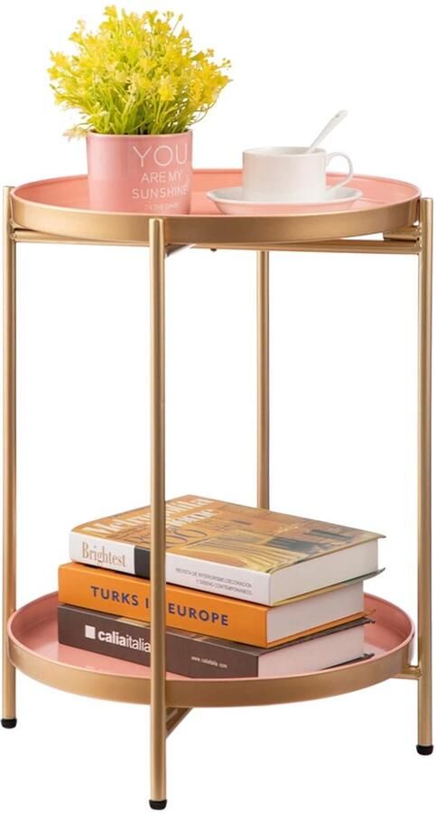Sierra Bijzettafel Ronde Bijzettafel Metalen Bijzettafel met 2 Lagen Snacktafel Salontafel Nachtkastje Banktafel Geschikt voor Woonkamer Slaapkamer Balkon of Terras Goud en Roze