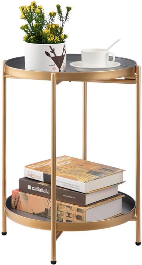 Sierra Bijzettafel Ronde Bijzettafel Metalen Bijzettafel met 2 Lagen Snacktafel Salontafel Nachtkastje Banktafel Geschikt voor Woonkamer Slaapkamer Balkon of Terras Grijs en Goud