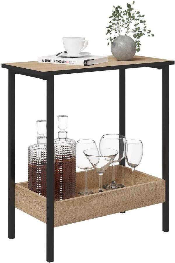 Sierra Bijzettafel salontafel met 2 planken consoletafel met opbergruimte in de woonkamer woonkamertafel van metaal en houtmateriaal kleine banktafel zwart licht eiken 50 x 55 x 25 cm