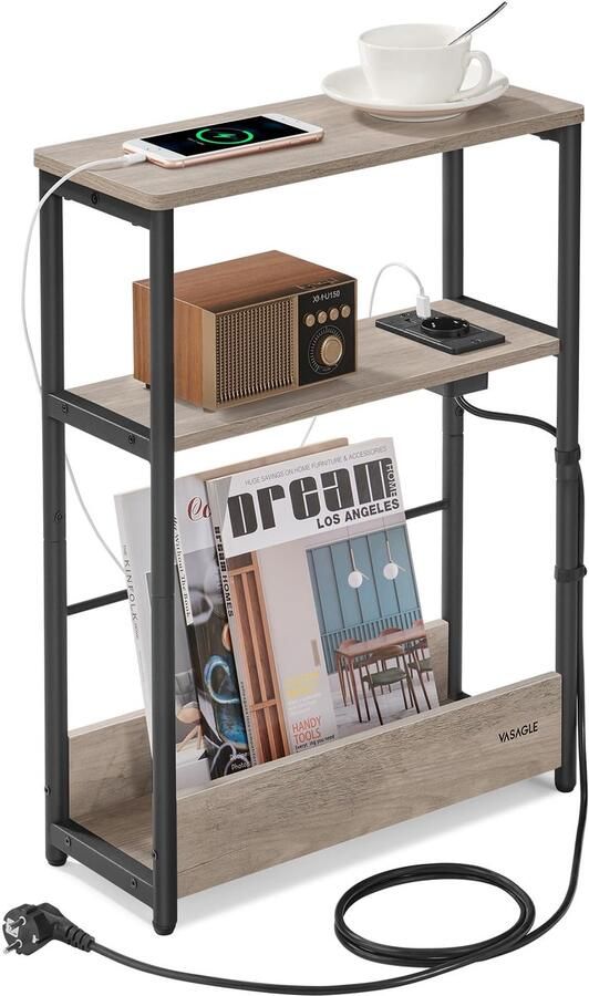 Sierra Bijzettafel Smale bijzettafel met stekkerdoos nachtkastje op 3 niveaus bijzettafeltje voor kleine ruimtes tijdschriftenrek woonkamer slaapkamer kantoor Heather Greige en inktzwart LET335K05