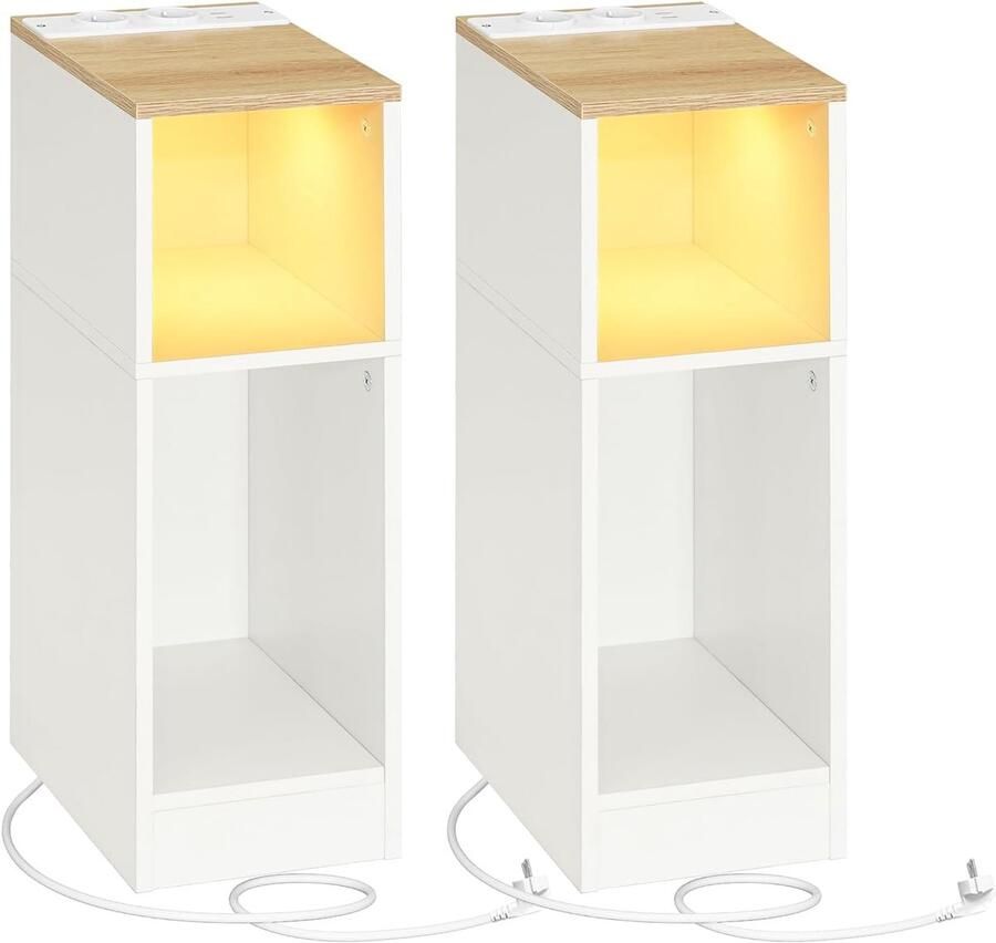 Sierra Bijzettafels met Laadstation set van 2 Nachtkastjes met Sensor LED-licht Salontafels voor Kleine Ruimtes Woonkamer Slaapkamer Bruin en Wit
