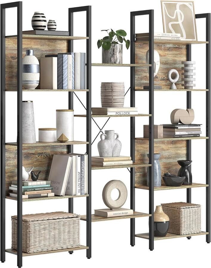 Sierra Boekenkast 14-vaks staande boekenkast plank met metalen frame voor woonkamer studeerkamer kantoor industrieel ontwerp 24 x 158 x 166 cm eikenkleur met blauwe nerf-zwart