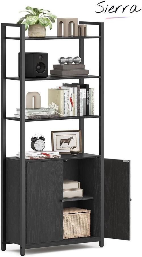 Sierra Boekenkast 6-laags vrijstaande boekenkast met deuren metalen frame verstelbare planken 24 x 60 x 159 5 cm voor woonkamer slaapkamer ebbenhoutzwart en inktzwart