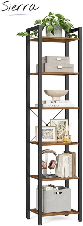 Sierra boekenkast boekenplank staande plank DVD plank met 6 niveaus kantoorplank open planken voor kantoor woonkamer slaapkamer keuken 40 x 30 x 187 5 cm vintage bruin-zwart
