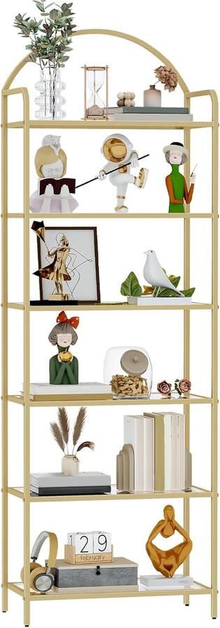 Sierra Boekenkast Boekenplanken Van Gehard Glas Slank Schap Voor Slaapkamer Badkamer Thuiskantoor Stalen Frame 6 Verdiepingen Goud