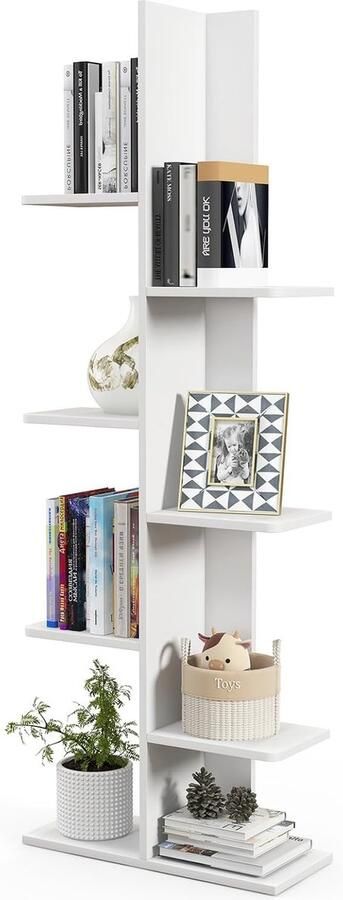Sierra Boekenkast in boomvorm staand rek met 8 planken kantoorrek vrijstaand opbergrek decoratieve plank voor boeken fotolijsten 50 x 20 x 141 cm (wit)