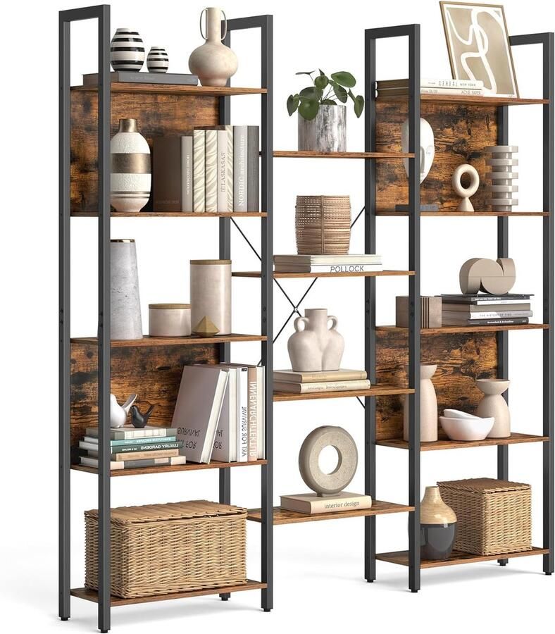Sierra boekenkast ladderplank 14 planken metalen frame voor woonkamer studeerkamer kantoor industrieel ontwerp 158 x 24 x 166 cm vintage bruin-zwart