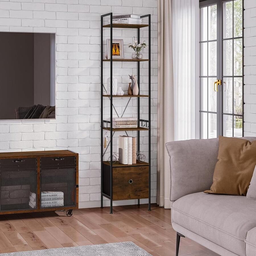 Sierra Boekenkast met 5 niveaus hoge hoekplank smalle boekenkast met 1 lade industriële stijl stalen frame voor woonkamer kantoor slaapkamer rustiek bruin + zwart