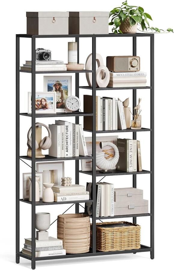 Sierra boekenkast met 5 niveaus staande plank voor woonkamer badkamer keuken hal eenvoudige montage zwart met houtnerf 30 x 100 x 170 cm